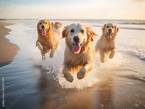 golden retriever running on the beach