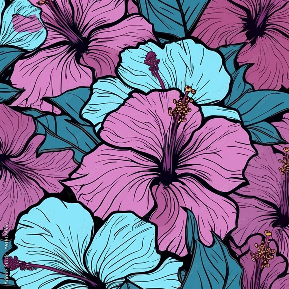 Fototapeta Vintage Hibiscus Flower Wallpaper or Background - With Black Outline in Pop Art Color Scheme - Tropical Floral Background - Generative AI