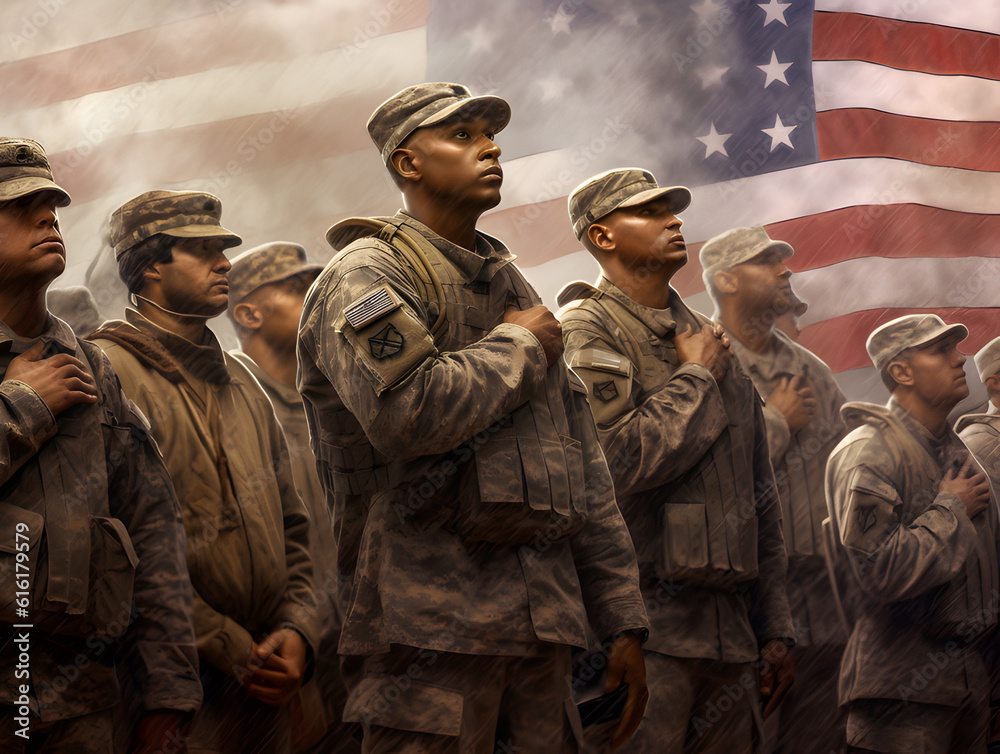 group of Soldiers in military uniform USA army against the American national flag - obrazy, fototapety, plakaty 