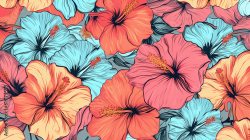 Vintage Hibiscus Flower Wallpaper or Background - With Black Outline in Pop Art Color Scheme - Tropical Floral Background - Generative AI