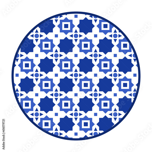 Porcelain plate with traditional blue on white design in Asian style. design pattern for background, plate, dish, bowl, lid, tray, salver, vector illustration art embroidery. Morrocco star pattern. photo
