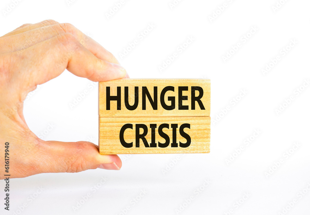 Hunger crisis symbol. Concept words Hunger crisis on wooden blocks on a beautiful white table white background. Businessman hand. Business, support and Hunger crisis concept. Copy space. Hunger crisis symbol. Concept words Hunger crisis on wooden blocks on a beautiful white table white background. Businessman hand. Business, support and Hunger crisis concept. Copy space.