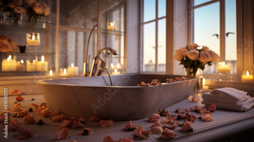 A tranquil bathroom setting. Preparation for relaxation concept. Relaxation in the bathroom.