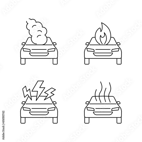 Car crash, accident of transport, line art icon set. Broken vehicle, fire, smoke. Vector outline