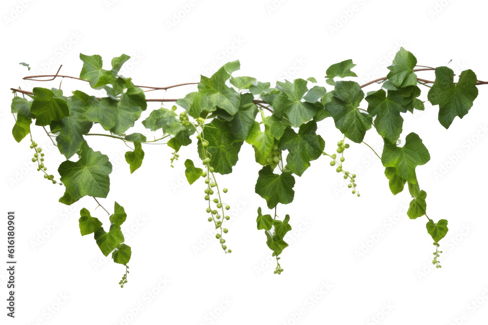 Hanging jungle vine plant bush of Bush grape or three - leaved wild vine cayratia( Cayratia trifolia) liana ivy plant, transparent background (PNG). Generative AI.  - obrazy, fototapety, plakaty 