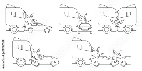 Car and truck crash, accident of transport, line art icon set. Side, frontal collision. Emergency brake on oncoming lane, dangerous overtaking. Broken vehicle. Vector outline