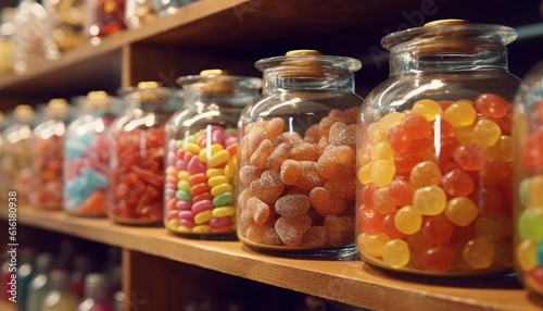 candies in jars on table in shop