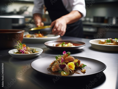 Foto gourmet dish being prepared in a high-end restaurant kitchen