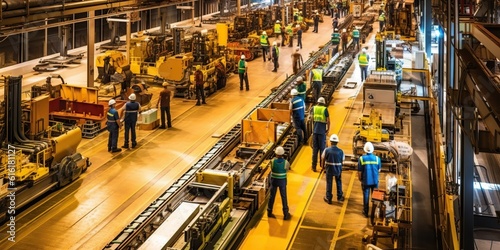 Top view of a bustling factory floor, workers in bright safety vests moving between rows of gleaming machinery , concept of Manufacturing processes, created with Generative AI technology