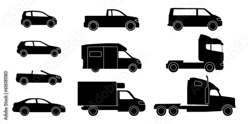 Cars and trucks model black icons set. Own passenger transport, car for delivery and logistic truck. Shipment service, cargo transportation, automobile for travel. Vector sign