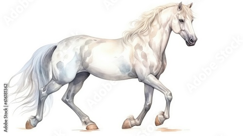 The beautiful white stallion watercolor is playful and delightful.  Illustration  Generative AI 