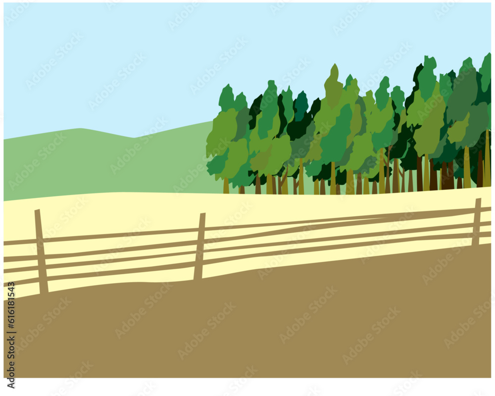 Obraz premium Outskirt. Edge of the village. A grove of trees and green hills beyond the fence.