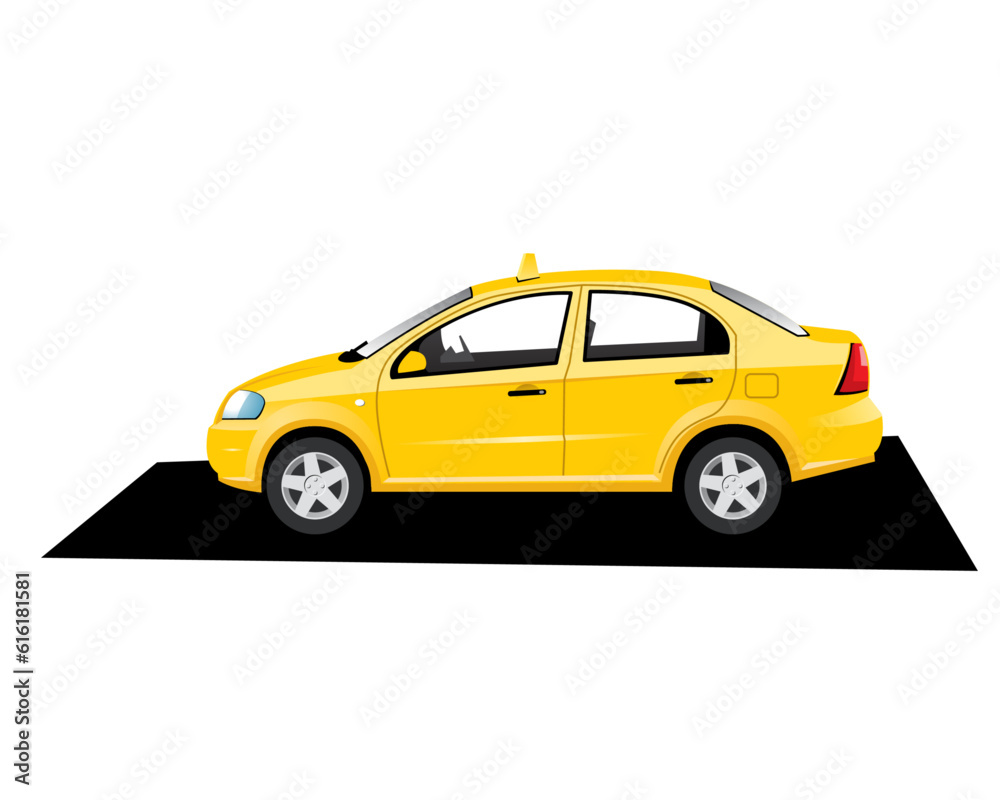 A yellow taxi car is waiting for its client in the parking lot.