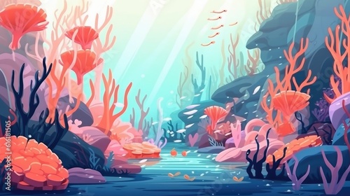 Coral reef and fishes in the underwater scene. (Illustration, Generative AI)