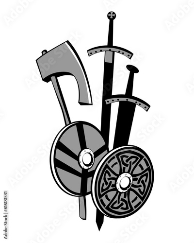 A collection of Viking weapons. Shields, axe and battle swords.