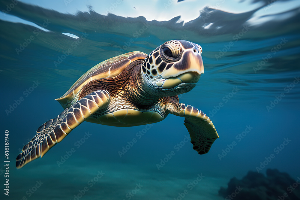 Fototapeta premium Embracing World Oceans Day A Majestic Turtle Gliding Through the Ocean Depths. created with Generative AI