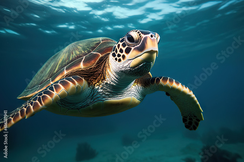 Embracing World Oceans Day A Majestic Turtle Gliding Through the Ocean Depths. created with Generative AI © photobuay