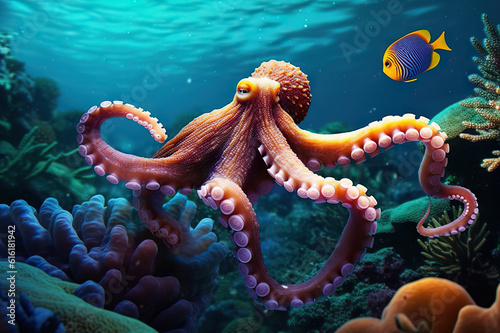 Majestic Encounters Octopus in the Vibrant Coral Reef of the Underwater Sea World. created with Generative AI