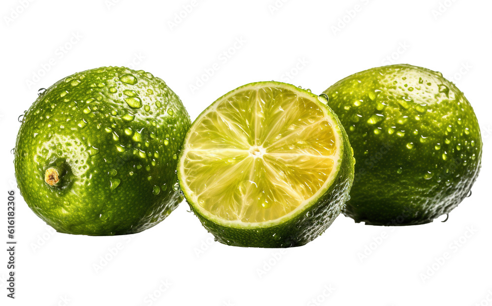 three very fresh lime and lemon slices with water isolated on transparent background three very fresh lime and lemon slices with water isolated on transparent background