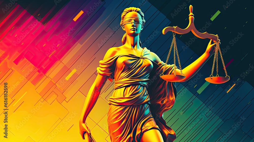 Colorful ilustration of a statue of Lady Justice holding a scale of justice