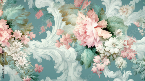 Vintage Rococo Flower Fabric Pattern in Blue, White, Pink, and Green - 17th Century French Parisian Inspired Pastel Floral Background or Wallpaper - Generative AI