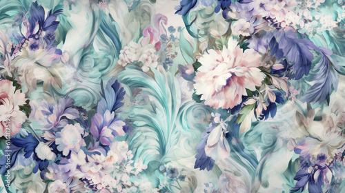 Vintage Rococo Flower Fabric Pattern in Blue  White  Pink  and Green - 17th Century French Parisian Inspired Pastel Floral Background or Wallpaper - Generative AI