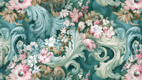 Vintage Rococo Flower Fabric Pattern in Blue, White, Pink, and Green - 17th Century French Parisian Inspired Pastel Floral Background or Wallpaper - Generative AI