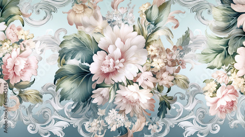Vintage Rococo Flower Fabric Pattern in Blue, White, Pink, and Green - 17th Century French Parisian Inspired Pastel Floral Background or Wallpaper - Generative AI