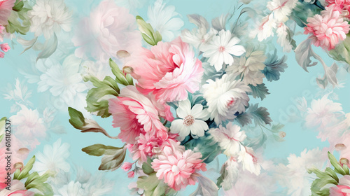 Vintage Rococo Flower Fabric Pattern in Blue, White, Pink, and Green - 17th Century French Parisian Inspired Pastel Floral Background or Wallpaper - Generative AI