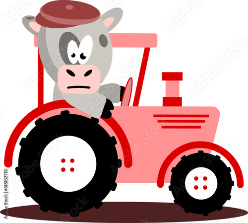 A red tractor with a bull at the wheel.