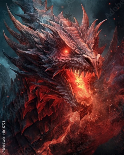 A dark fantasy illustration of a fire-breathing red dragon myth.  Illustration  Generative AI 
