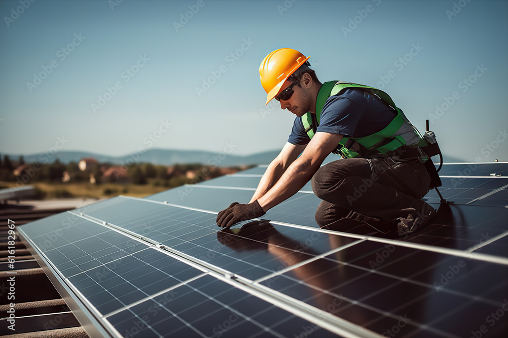 Harnessing the Sun's Energy Solar Power Engineer Installing Solar Panels for Renewable Green Energy Generation. created with Generative AI Harnessing the Sun's Energy Solar Power Engineer Installing Solar Panels for Renewable Green Energy Generation. created with Generative AI