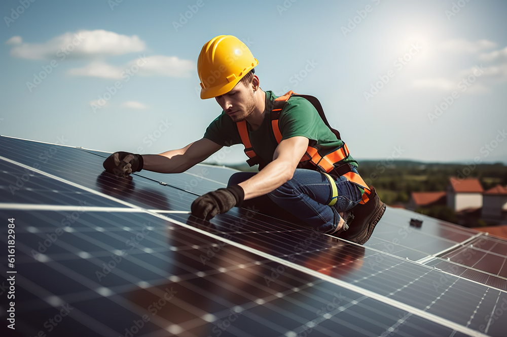 Harnessing the Sun's Energy Solar Power Engineer Installing Solar Panels for Renewable Green Energy Generation. created with Generative AI Harnessing the Sun's Energy Solar Power Engineer Installing Solar Panels for Renewable Green Energy Generation. created with Generative AI
