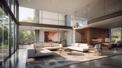 An expansive living space. Geometric shapes  innovative materials  and large windows that allow for an abundance of natural light. Generative AI