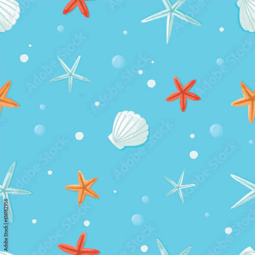 Colorful seamless aquatic pattern with hand drawn underwater elements such as starfish and seashells on blue background. Fashion print design, vector illustration