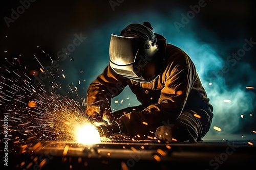 Sparks of Creativity Welder Igniting Metal with Bokeh and Sparkle Background in Industrial Setting. created with Generative AI