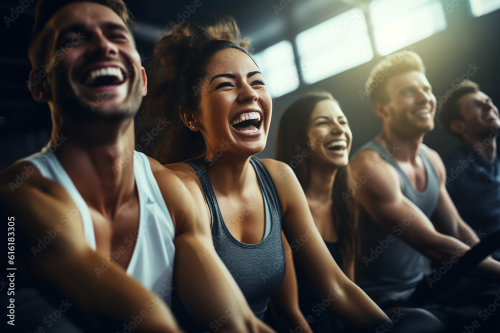 Fitness, laughing and friends at the gym for training, pilates class and happy for exercise at a club. Smile, sport in a group for a workout