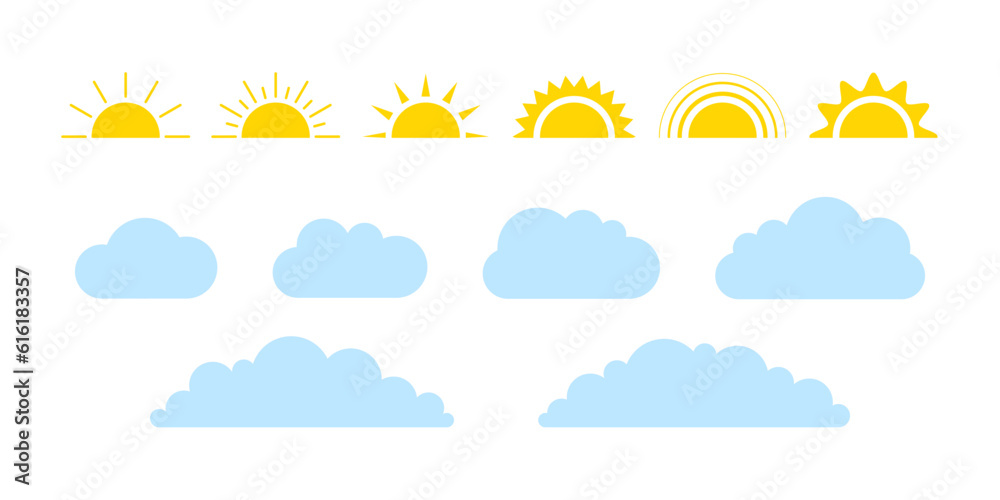 Sun and cloud on sky set, weather icon. Simple flat style of different half sun and clouds. Graphic element collection. Vector