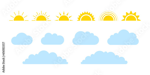 Sun and cloud on sky set, weather icon. Simple flat style of different half sun and clouds. Graphic element collection. Vector