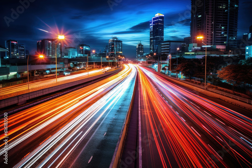 High speed light trail of cars. Motion Blur City