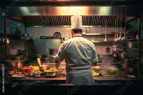 Masterful Culinary Artistry Chef Creating Gastronomic Delights in a Bustling Restaurant Kitchen. created with Generative AI