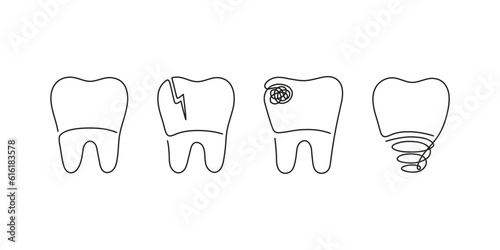 Teeth healthy, pain and implant tooth set, continuous art line drawing. Dentistry health. Vector outline