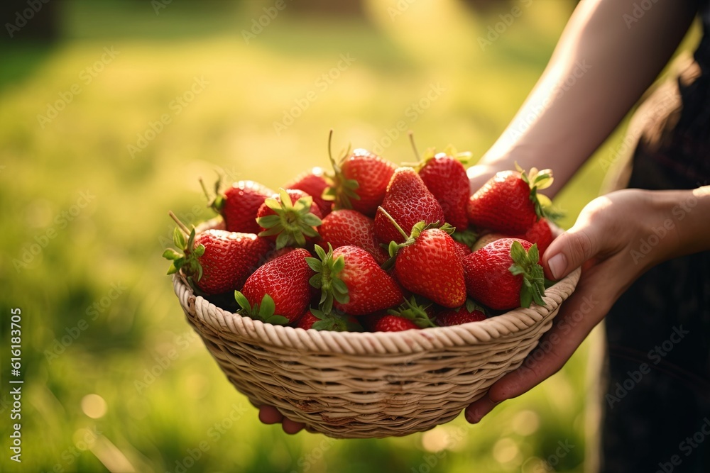 Fresh strawberries in a basket in the hands of a farmer on a field with AI-Generated Images Fresh strawberries in a basket in the hands of a farmer on a field with AI-Generated Images