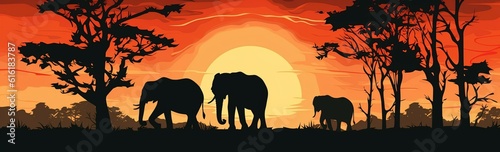 Silhouette of elephants in savanna at sunset. Vector illustration