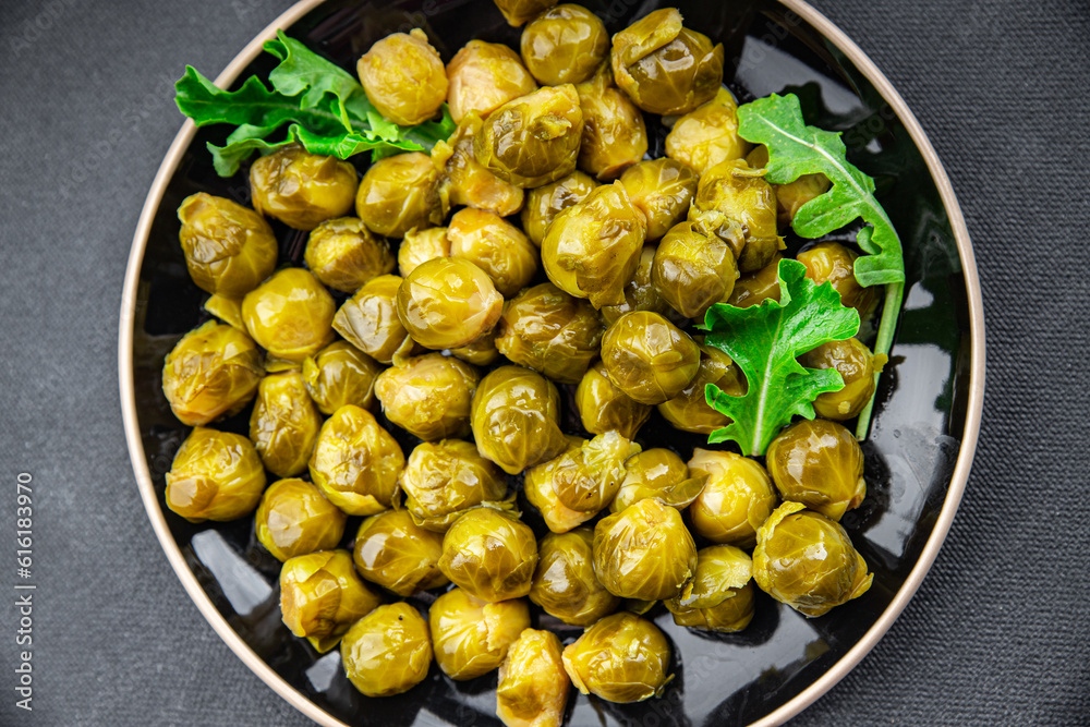 Brussels sprouts canned vegetable food healthy meal food snack on the table copy space food background rustic top view keto or paleo diet veggie vegan or vegetarian food Brussels sprouts canned vegetable food healthy meal food snack on the table copy space food background rustic top view keto or paleo diet veggie vegan or vegetarian food