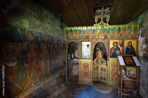 View of the interior of an old chapel, dedicated to Virgin Mary, at the springs of Voidomatis River at the Vikos Gorge in Zagori, Greece