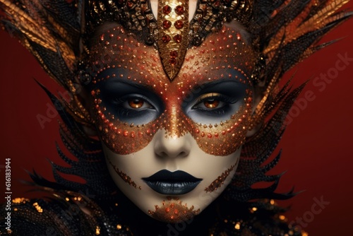 Portrait of beautiful woman with Halloween makeup. Creative face art, carnival and fashion concept. Generative AI