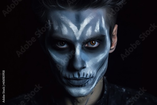 Portrait of man with Halloween makeup. Creative face art, carnival and fashion concept. Generative AI