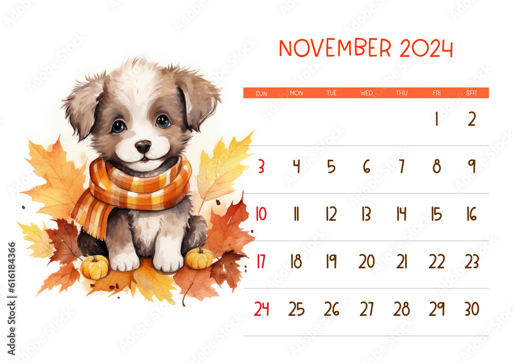 Watercolor Printable Calendar 2024 Calendar with Cute Puppy for Kids