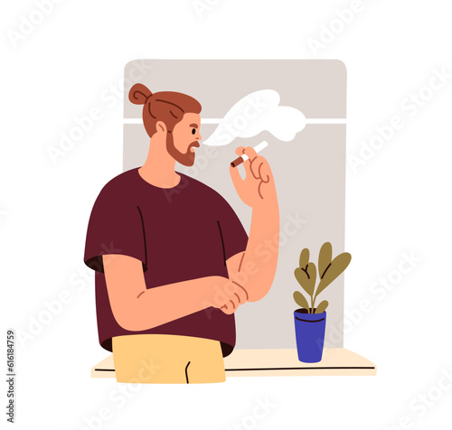 Man smoking cigarette, standing by window sill at home. Smoker enjoying tobacco indoors. Nicotine-addicted guy with unhealthy bad habit. Flat vector illustration isolated on white background